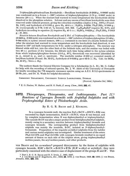 1072. Thiocyanogen, thiocyanates, and isothiocyanates. Part II. Reactions of cyanogen bromide with arylalkyl sulphides and with triphenylmethyl esters of thiolcarboxylic acids