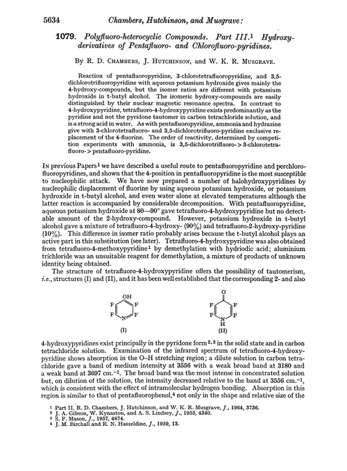 1079. Polyfluoro-heterocyclic compounds. Part III. Hydroxy-derivatives of pentafluoro- and chlorofluoro-pyridines