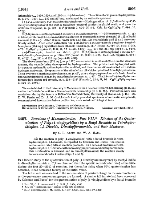 1157. Reactions of macromolecules. Part VII. Kinetics of the quaternisation of poly-(4-vinylpyridine) by n-butyl bromide in tetrahydrothiophen 1,1-dioxide, dimethylformamide, and their mixtures