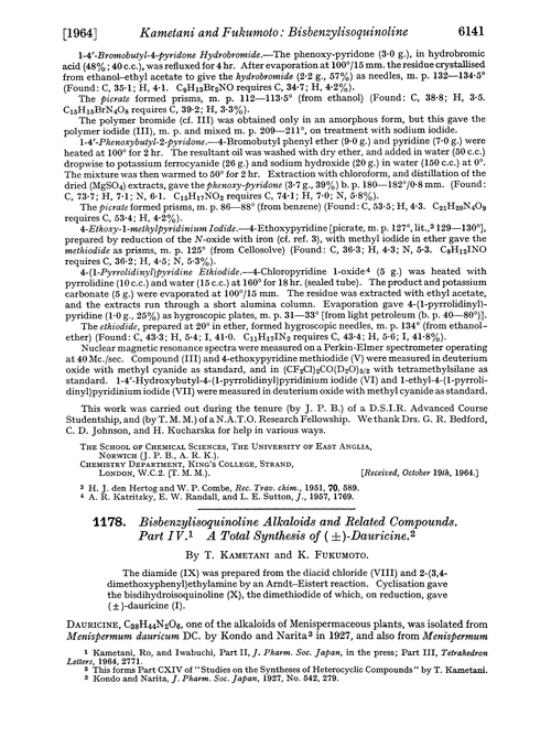 1178. Bisbenzylisoquinoline alkaloids and related compounds. Part IV. A total synthesis of (±)-dauricine