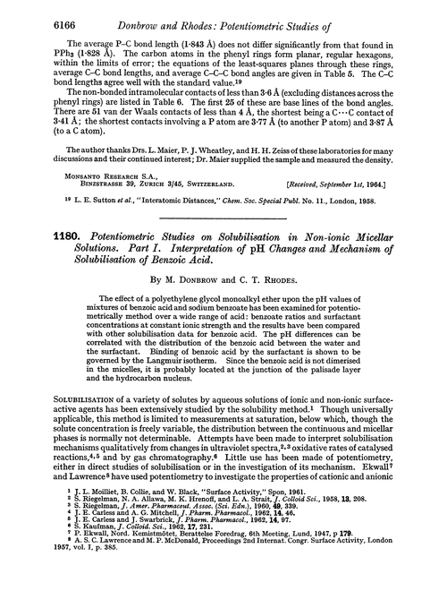 1180. Potentiometric studies on solubilisation in non-ionic micellar solutions. Part I. Interpretation of pH changes and mechanism of solubilisation of benzoic acid