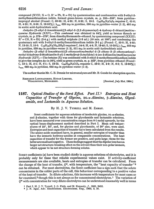 1187. Optical studies of the soret effect. Part II. Entropies and heat capacities of transfer of glycine, DL-α-alanine, β-alanine, glycolamide, and lactamide in aqueous solution