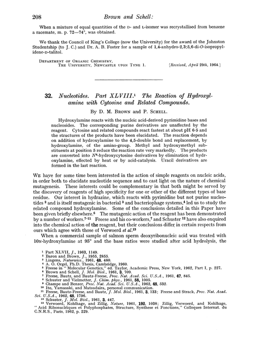 32. Nucleotides. Part XLVIII. The reaction of hydroxylamine with cytosine and related compounds