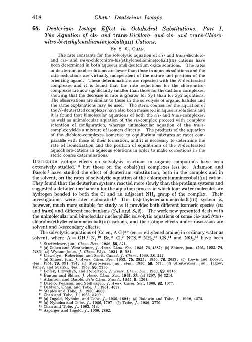 64. Deuterium isotope effect in octahedral substitutions. Part I. The aquation of cis- and trans-dichloro- and cis- and trans-chloro-nitro-bis(ethylenediamine)cobalt(III) cations