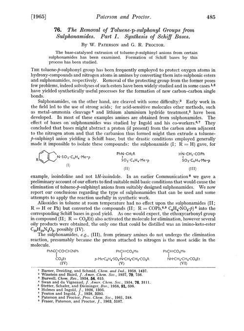 76. The removal of toluene-p-sulphonyl groups from sulphonamides. Part I. Synthesis of Schiff bases