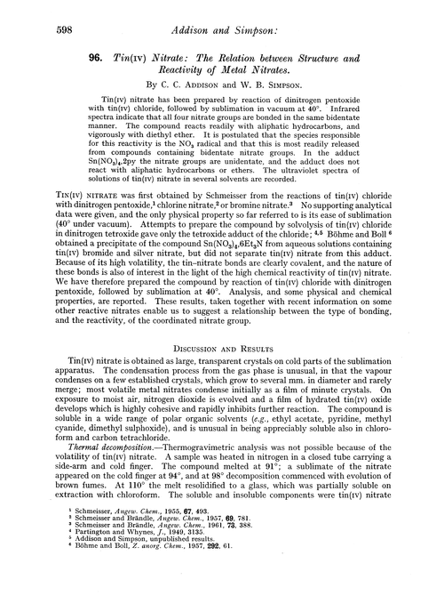 96. Tin(IV) nitrate the relation between structure and reactivity of metal nitrates Journal