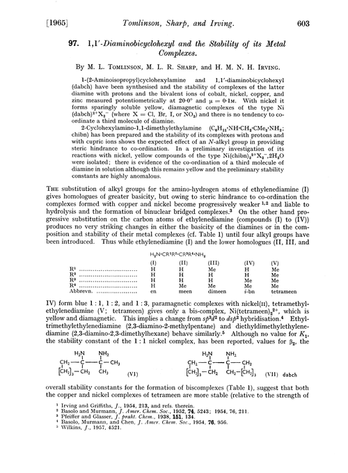 97. 1,1′-Diaminobicyclohexyl and the stability of its metal complexes