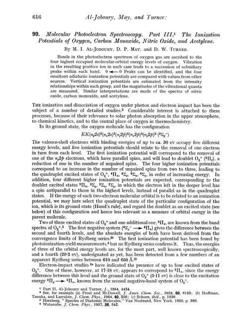 99. Molecular photoelectron spectroscopy. Part III. The ionization potentials of oxygen, carbon monoxide, nitric oxide, and acetylene