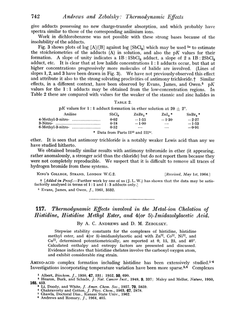 117. Thermodynamic effects involved in the metal-ion chelation of histidine, histidine methyl ester, and 4(or 5)-imidazolylacetic acid