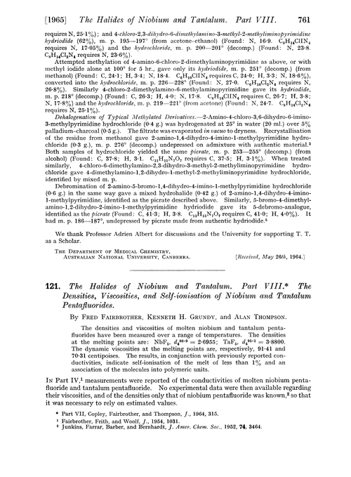 121. The halides of niobium and tantalum. Part VIII. The densities, viscosities, and self-ionisation of niobium and tantalum pentafluorides