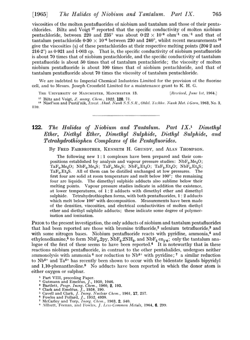 122. The halides of niobium and tantalum. Part IX. Dimethyl ether, diethyl ether, dimethyl sulphide, diethyl sulphide, and tetrahydrothiophen complexes of the pentafluorides