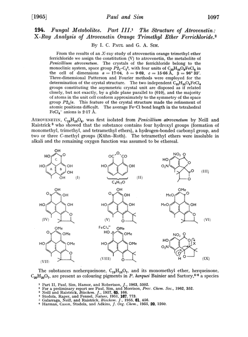 194. Fungal metabolites. Part III. The structure of atrovenetin : X-ray analysis of atrovenetin orange trimethyl ether ferrichloride