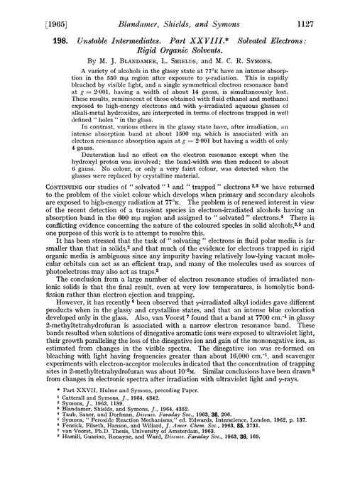 198. Unstable intermediates. Part XXVIII. Solvated electrons: rigid organic solvents
