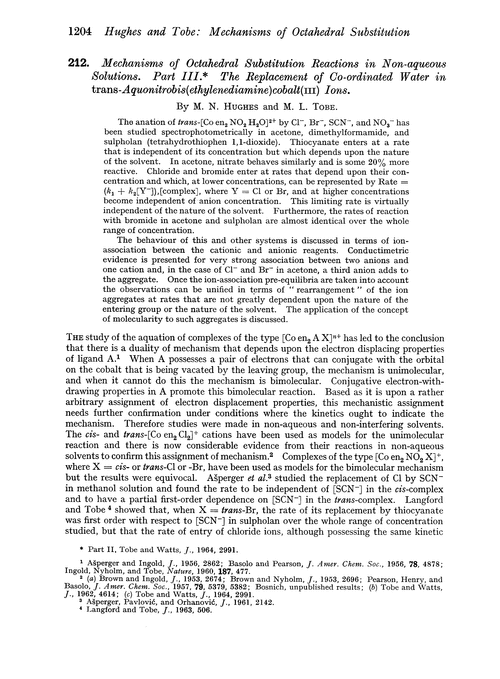 212. Mechanisms of octahedral substitution reactions in non-aqueous solutions. Part III. The replacement of co-ordinated water in trans-aquonitrobis(ethylenediamine)cobalt(III) ions