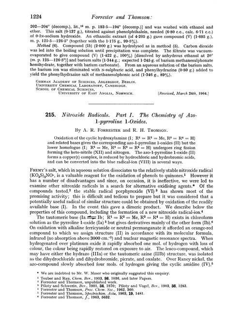 215. Nitroxide radicals. Part I. The chemistry of azo-1-pyrroline 1-oxides