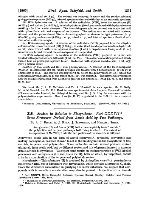 216. Studies in relation to biosynthesis. Part XXXVII. Some structures derived from acetic acid by two pathways