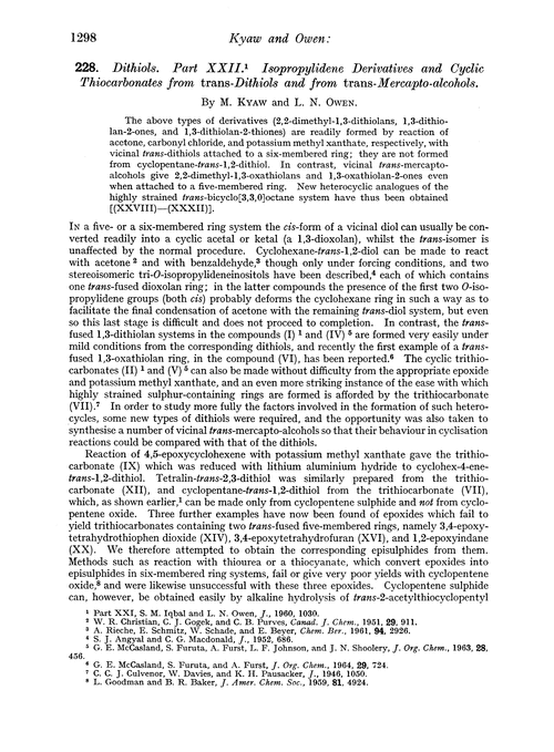 228. Dithiols. Part XXII. Isopropylidene derivatives and cyclic thiocarbonates from trans-dithiols and from trans-mercapto-alcohols