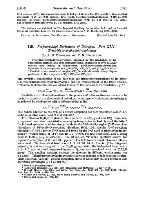 315. Perfluoroalkyl derivatives of nitrogen. Part XIII. Tristrifluoromethylhydroxylmine