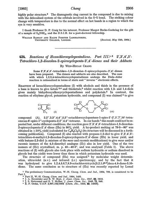 424. Reactions of hexachlorocyclopentadiene. Part III. 2′,3′,4′,5′-Tetracholoro-1,3-dioxolan-2-spirocyclopenta-2′,4′-dienes and their adducts