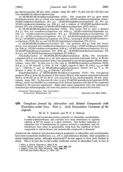 439. Complexes formed by adrenaline and related compounds with transition-metal ions. Part I. Acid dissociation constants of the ligands