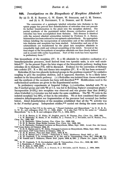 444. Investigations on the biosynthesis of morphine alkaloids