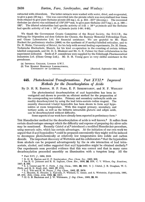 445. Photochemical transformations. Part XVII. Improved methods for the decarboxylation of acids