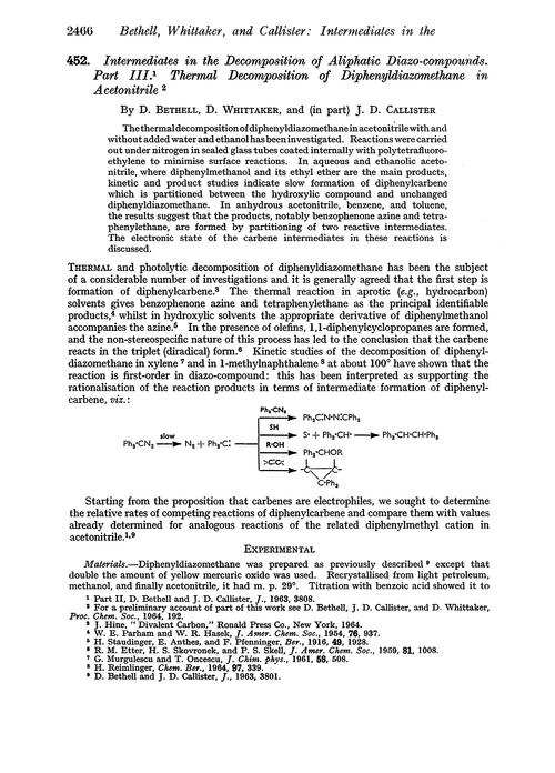 452. Intermediates in the decomposition of aliphatic diazo-compounds. Part III. Thermal decomposition of diphenyldiazomethane in acetonitrile