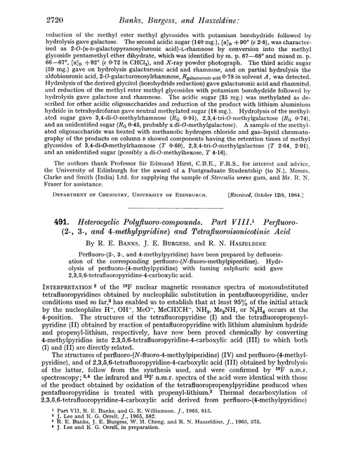 491. Heterocyclic polyfluoro-compounds. Part VIII. Perfluoro-(2-, 3-, and 4-methylpyridine) and tetrafluoroisonicotinic acid