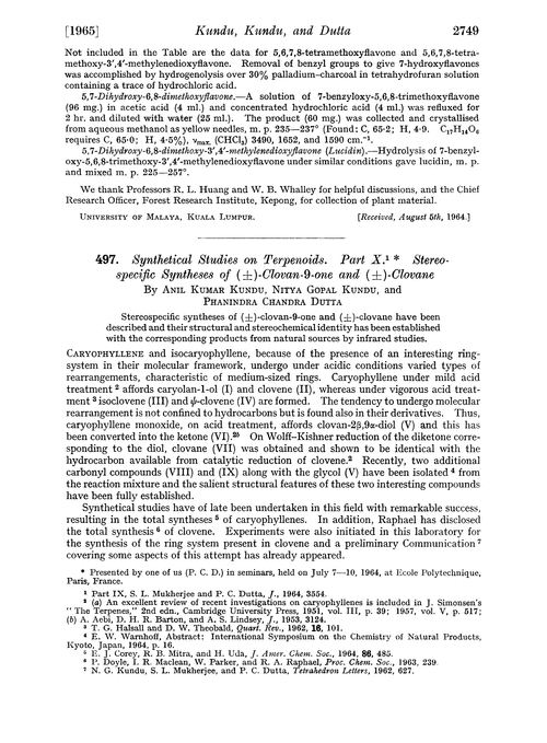 497. Synthetical studies on terpenoids. Part X. Stereospecific syntheses of (±)-clovan-9-one and (±)-clovane