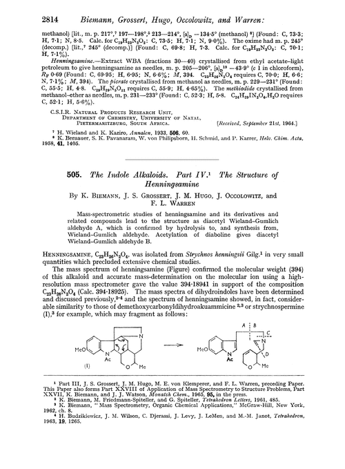 505. The indole alkaloids. Part IV. The structure of henningsamine
