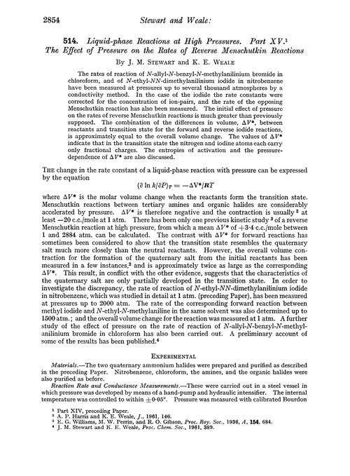 514. Liquid-phase reactions at high pressures. Part XV. The effect of pressure on the rates of reverse Menschutkin reactions