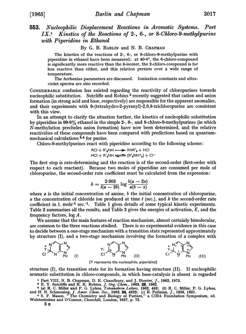 553. Nucleophilic displacement reactions in aromatic systems. Part IX. Kinetics of the reactions of 2-, 6-, or 8-chloro -9-methylpurine with piperidine in ethanol