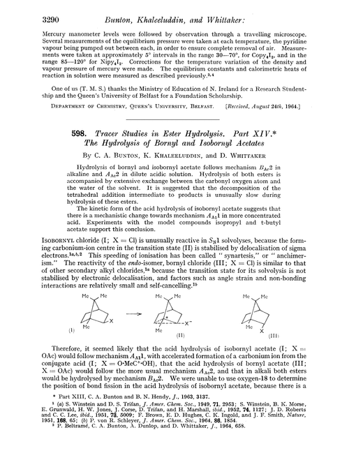 598. Tracer studies in ester hydrolysis. Part XIV. The hydrolysis of bornyl and isobornyl acetates