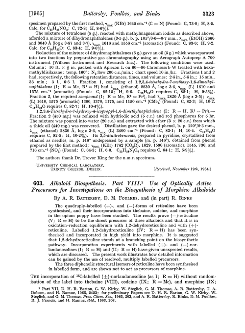 603. Alkaloid biosynthesis. Part VIII. Use of optically active precursors for investigation on the biosynthesis of morphine alkaloids
