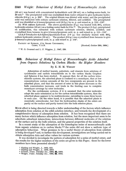 608. Behaviour of methyl esters of monocarboxylic acids adsorbed from organic solutions by carbon blacks: the higher members