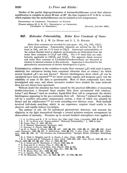 647. Molecular polarisability. Molar Kerr constants of gases