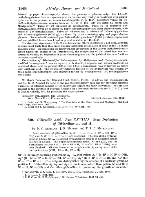 650. Gibberellic acid. Part XXVIII. Some derivatives of gibberellins A4 and A7