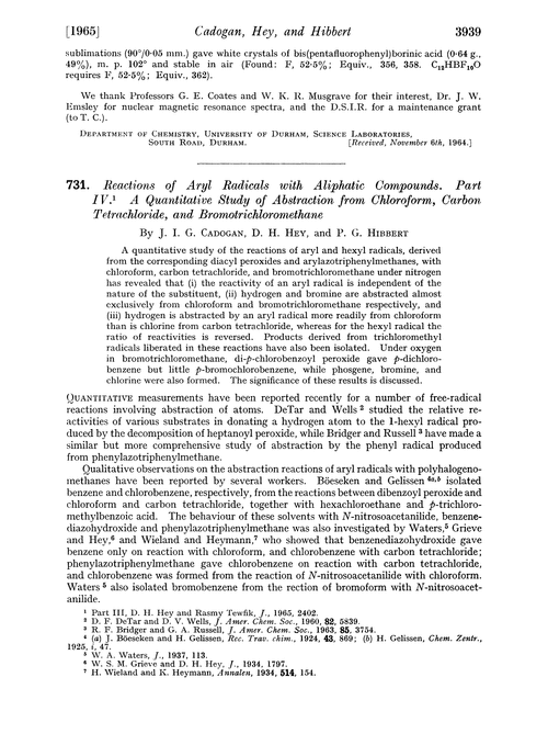 731. Reactions of aryl radicals with aliphatic compounds. Part IV. A quantitative study of abstraction from chloroform, carbon tetrachloride, and bromotrichloromethane