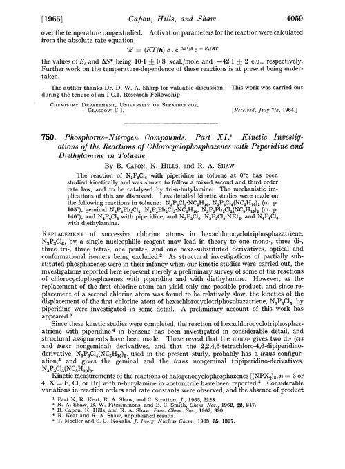 750. Phosphorus–nitrogen compounds. Part XI. Kinetic investigations of the reactions of chlorocyclophosphazenes with piperidine and diethylamine in toluene