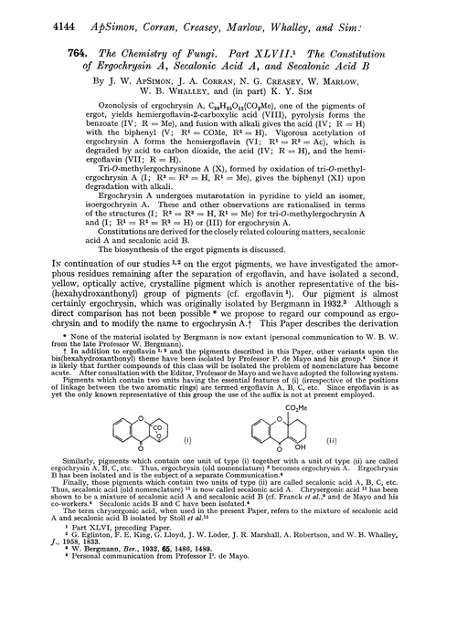 764. The chemistry of fungi. Part XLVII. The constitution of ergochrysin A, secalonic acid A, and secalonic acid B