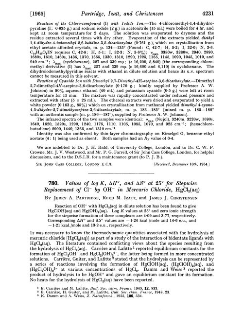 780. Values of log K, ΔH°, and ΔS° at 25° for stepwise replacement of Cl– by OH– in mercuric chloride, HgCl2(aq)