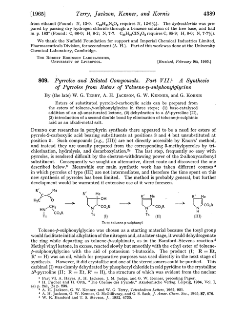 809. Pyrroles and related compounds. Part VII. A synthesis of pyrroles from esters of toluene-p-sulphonylglycine