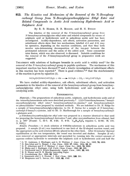 813. The kinetics and mechanism of the removal of the N-benzyloxycarbonyl group from N-benzyloxycarbonylglycine ethyl ester and related compounds in acetic acid containing hydrobromic acid or sulphuric acid