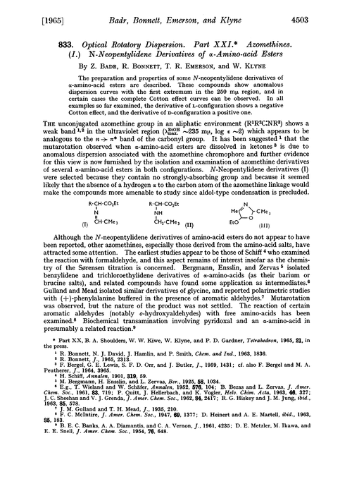 833. Optical rotatory dispersion. Part XXI. Azomethines. (I.)N-neopentylidene derivatives of α-amino-acid esters