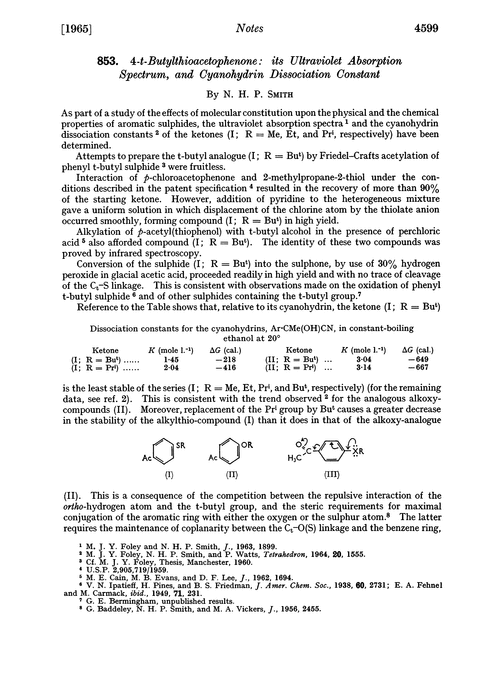 853. 4-t-Butylthioacetophenone: its ultraviolet absorption spectrum, and cyanohydrin dissociation constant