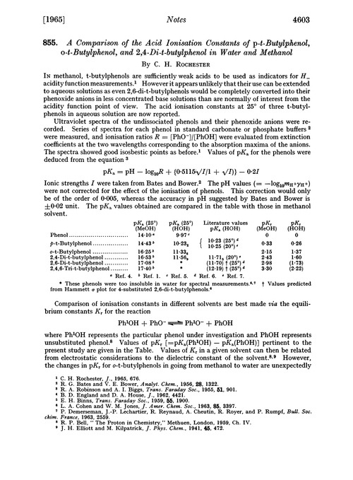855. A comparison of the acid ionisation constants of p-t-butylphenol, o-t-butylphenol, and 2,4-di-t-butylphenol in water and methanol