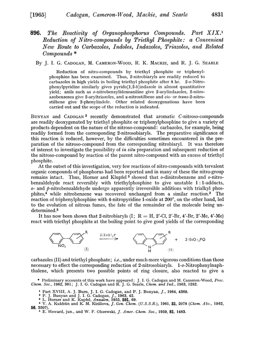 896. The reactivity of organophosphorus compounds. Part XIX. Reduction of nitro-compounds by triethyl phosphite: a convenient new route to carbazoles, indoles, indazoles, triazoles, and related compounds