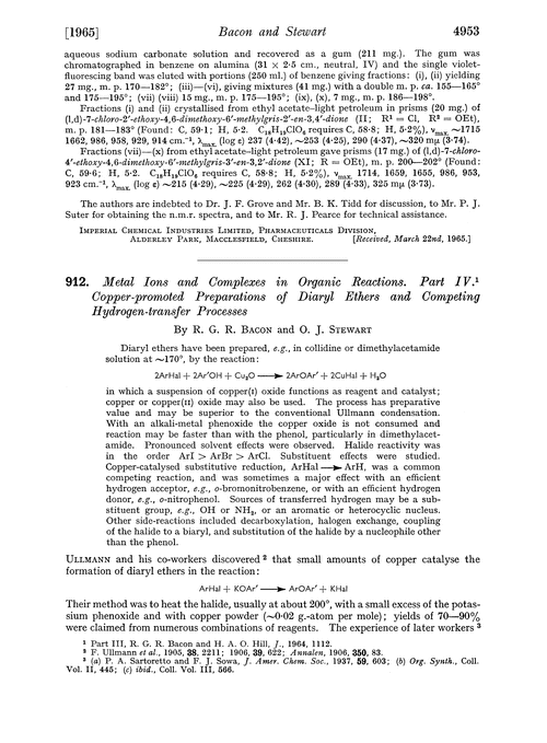 912. Metal ions and complexes in organic reactions. Part IV. Copper-promoted preparations of diaryl ethers and completing hydrogen-transfer processes