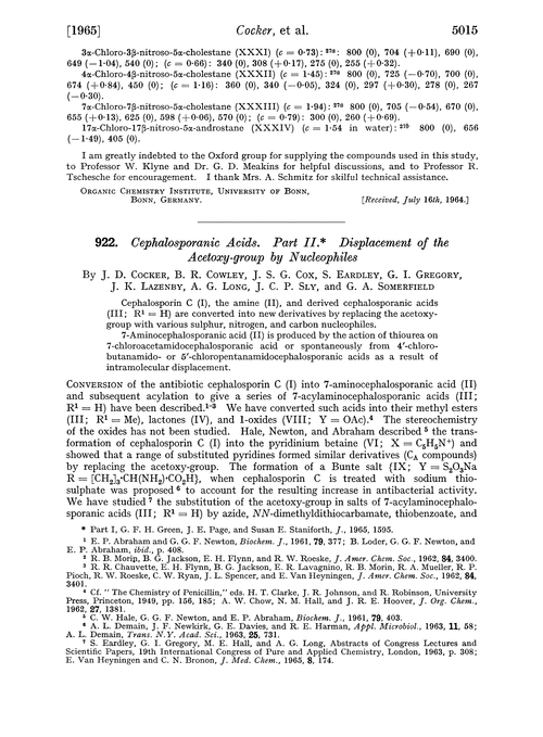 922. Cephalosporanic acids. Part II. Displacement of the acetoxy-group by nucleophiles