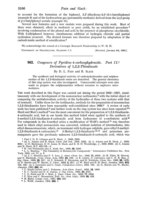 962. Congeners of pyridine-4-carboxyhydrazide. Part II. Derivatives of 1,2,3-thiadiazole